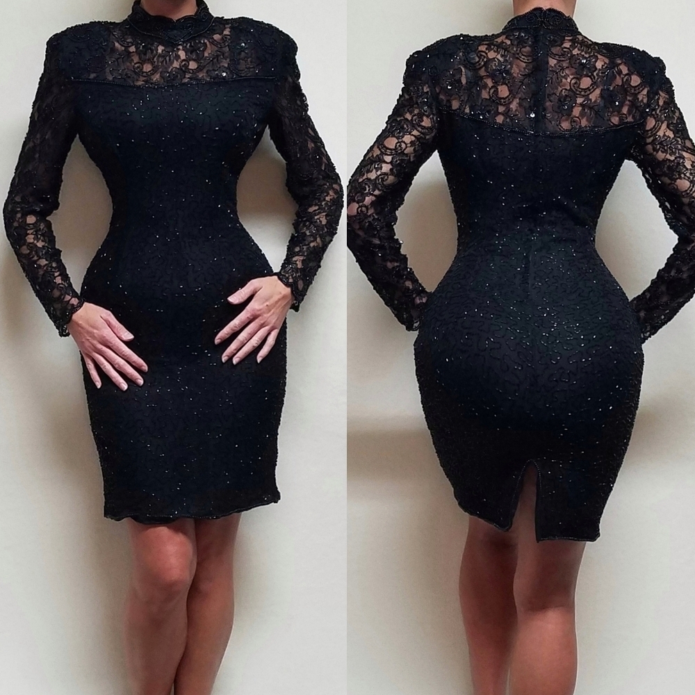 Rare Vintage 80s Sténay Black Beaded Sequin Silk Mockneck Bodycon Mini Dress 8